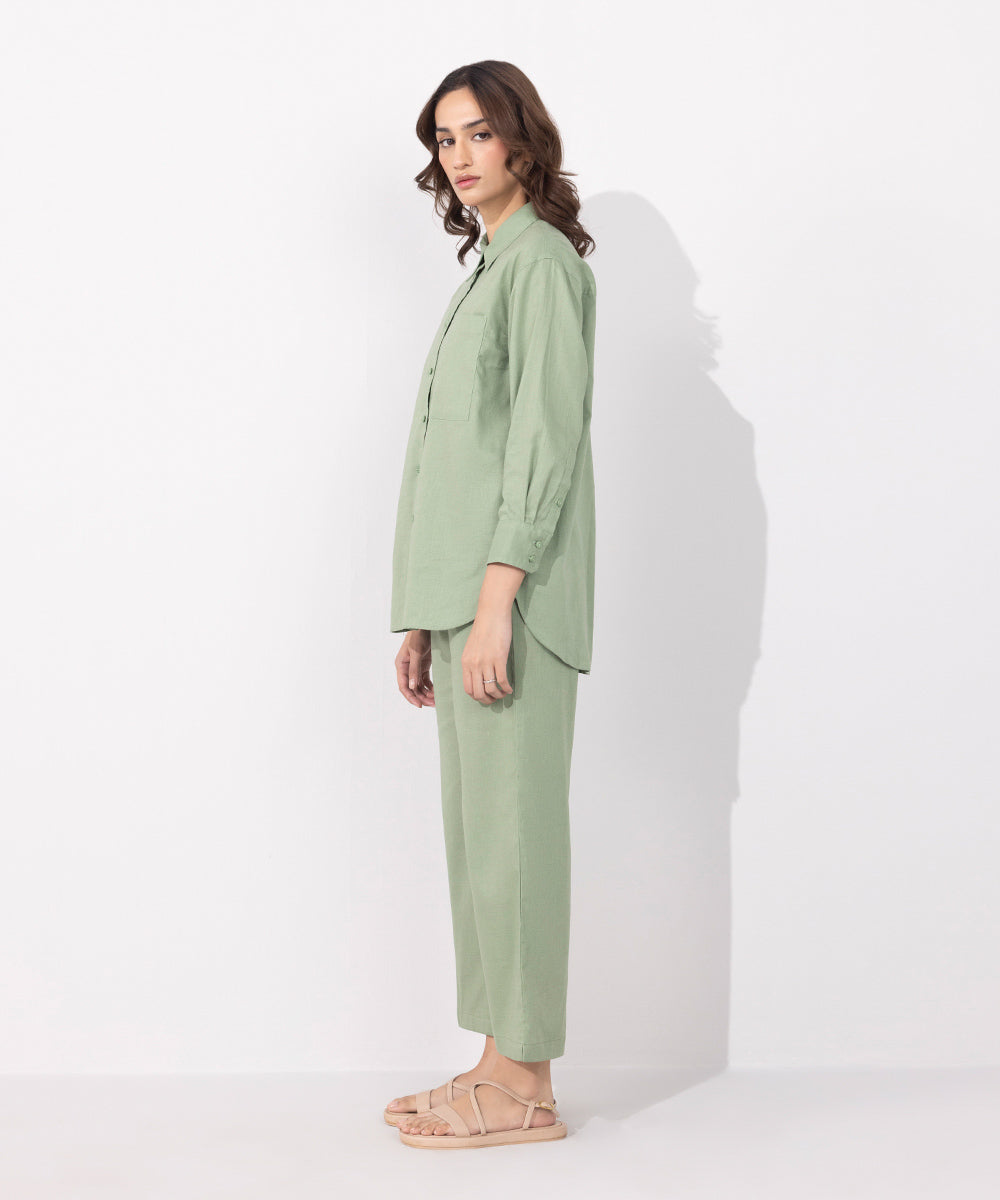 Women's Western Wear Green Linen Blend Shirt With Pocket