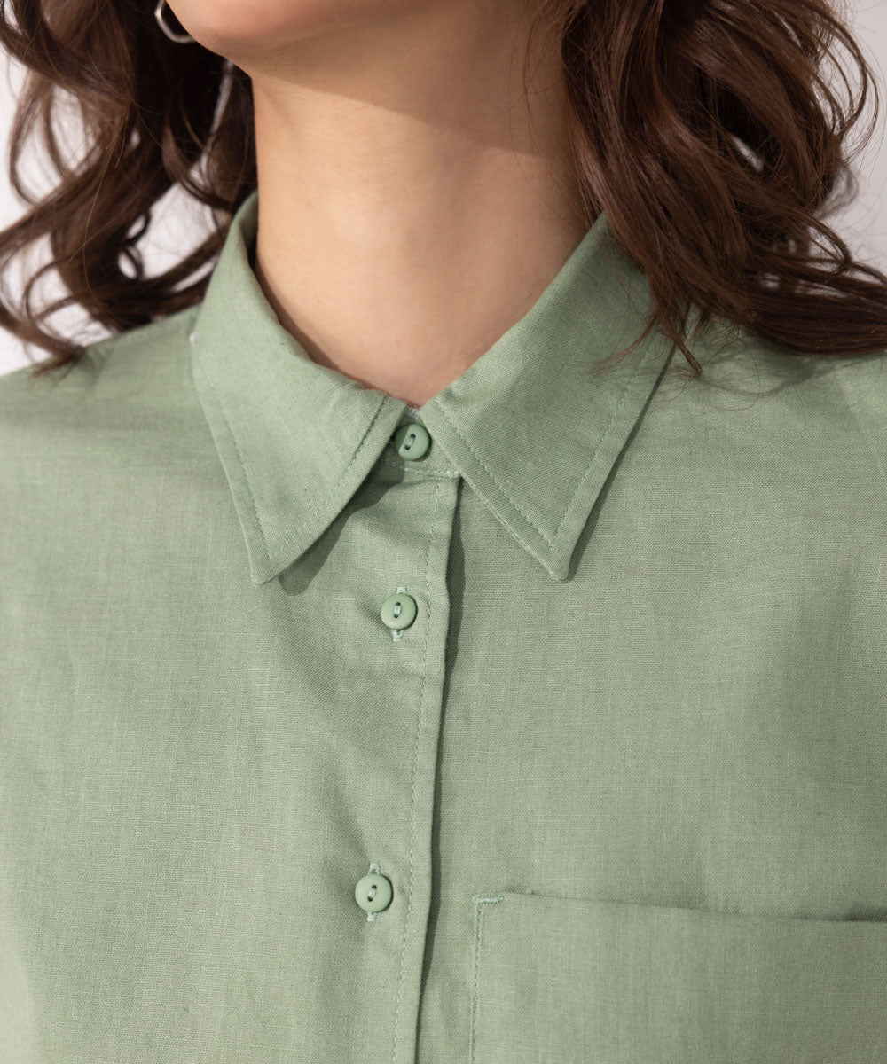 Women's Western Wear Green Linen Blend Shirt With Pocket