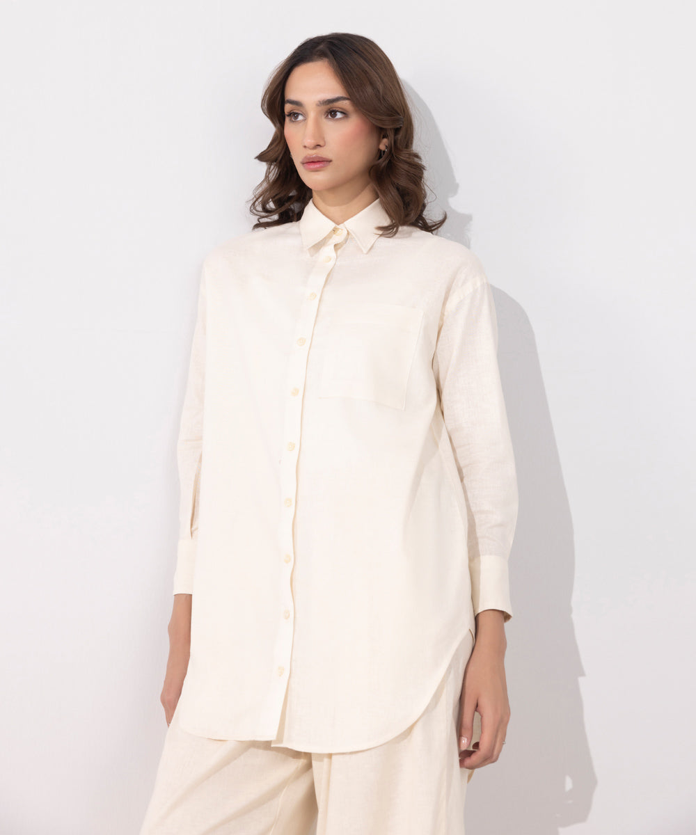 Women's Western Wear Off White Long Linen Blend Shirt