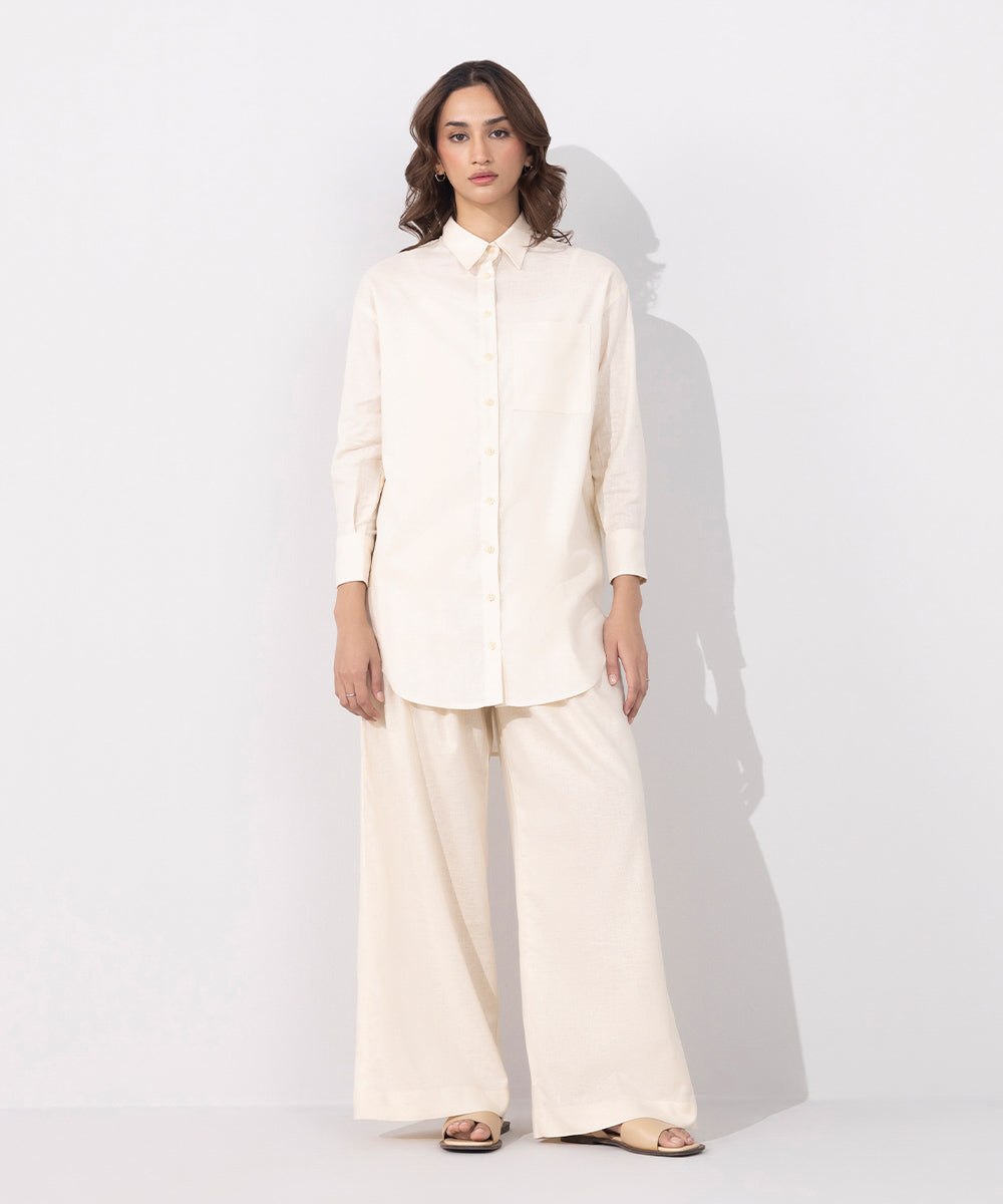 Women's Western Wear Off White Long Linen Blend Shirt