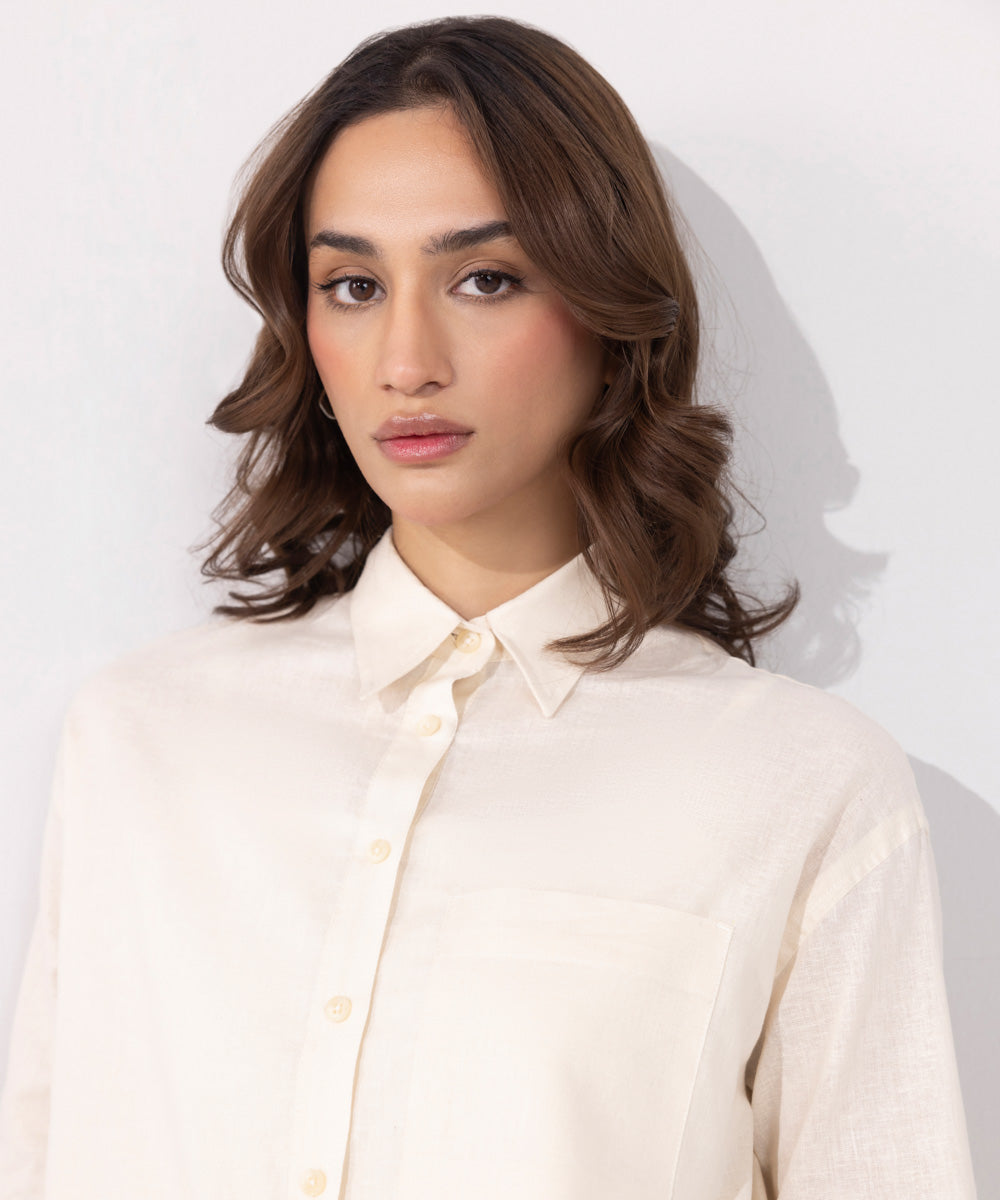 Women's Western Wear Off White Long Linen Blend Shirt