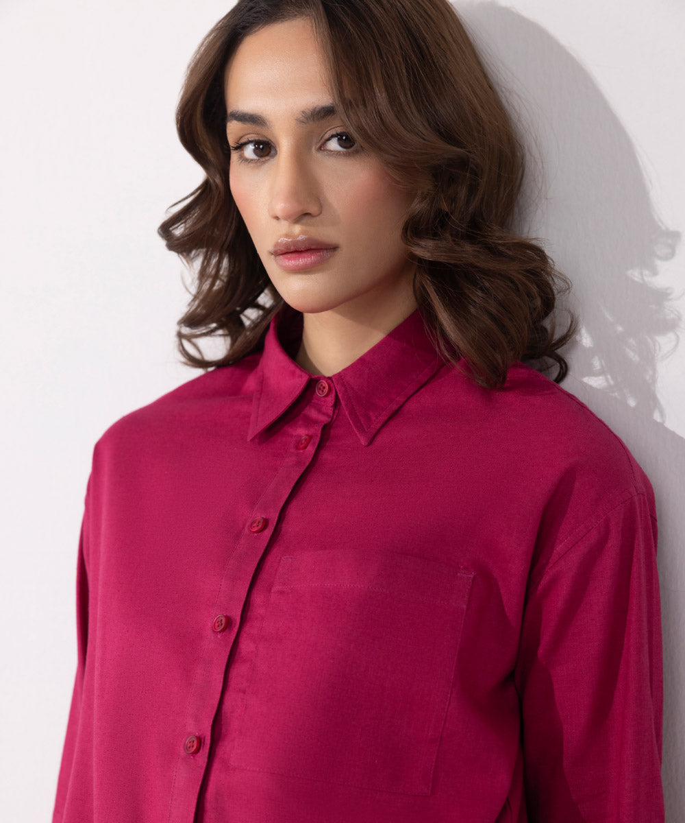 Women's Western Wear Pink Long Linen Blend Shirt