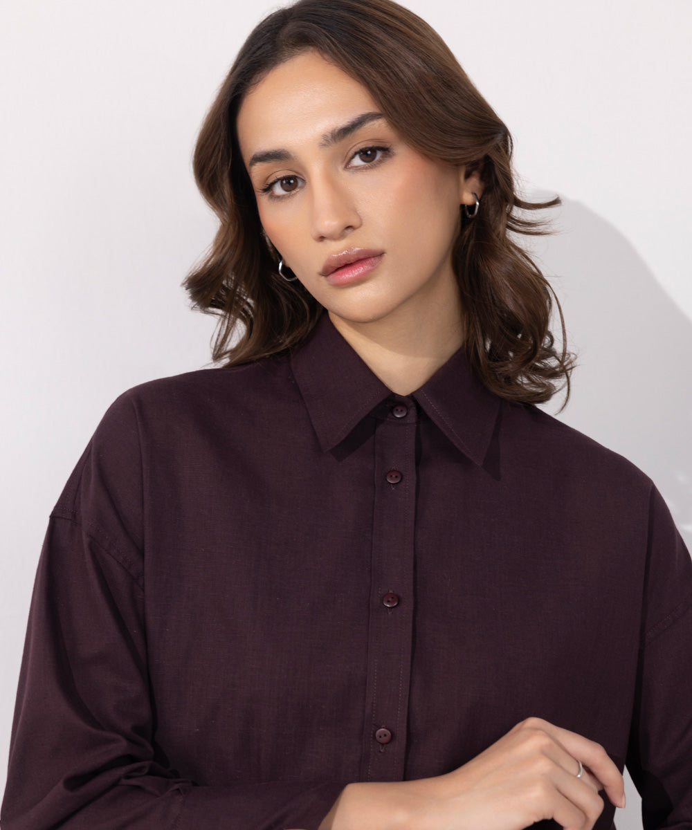 Women's Western Wear Brown Linen Blend Shirt