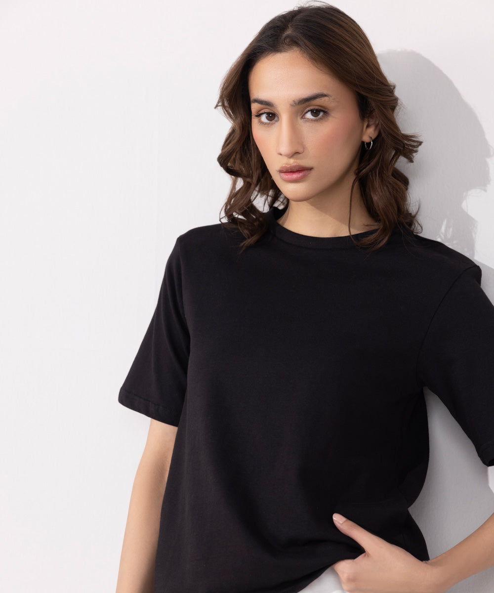 Women's Western Wear Black Shoulder Padded T-Shirt