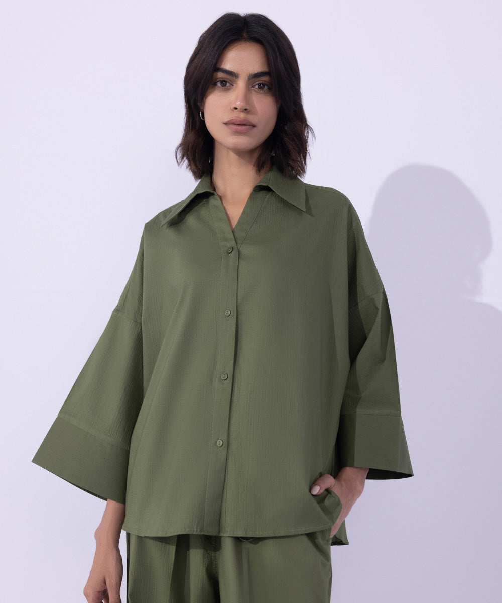 Women's Western Wear Green Seer Sucker Shirt