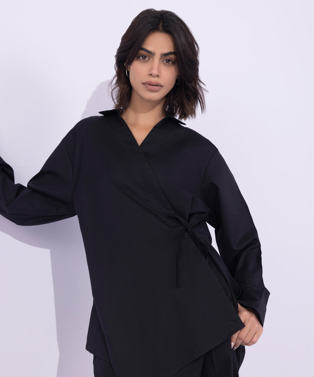 Women's Western Wear Black Seer Sucker Wrap Around Shirt