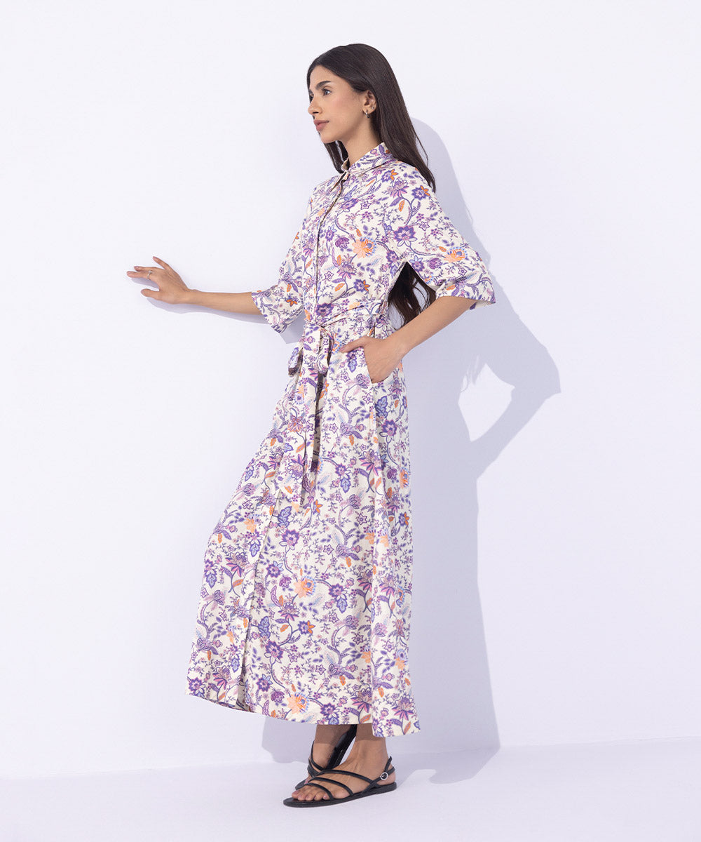 Women's Western Wear Multi Printed Dress With Belt