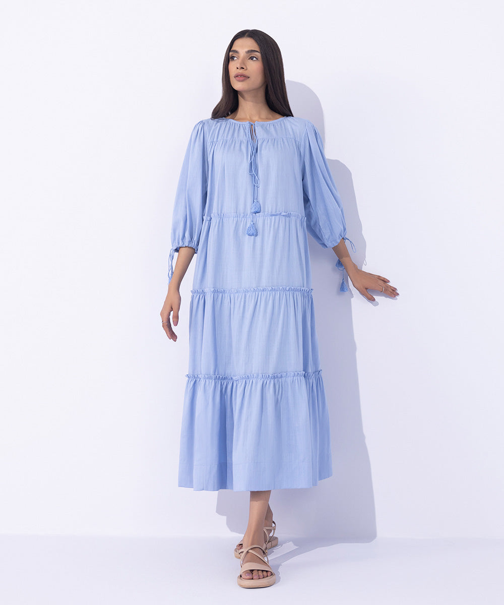 Women's Western Wear Blue Textured Tier Dress With Tassels