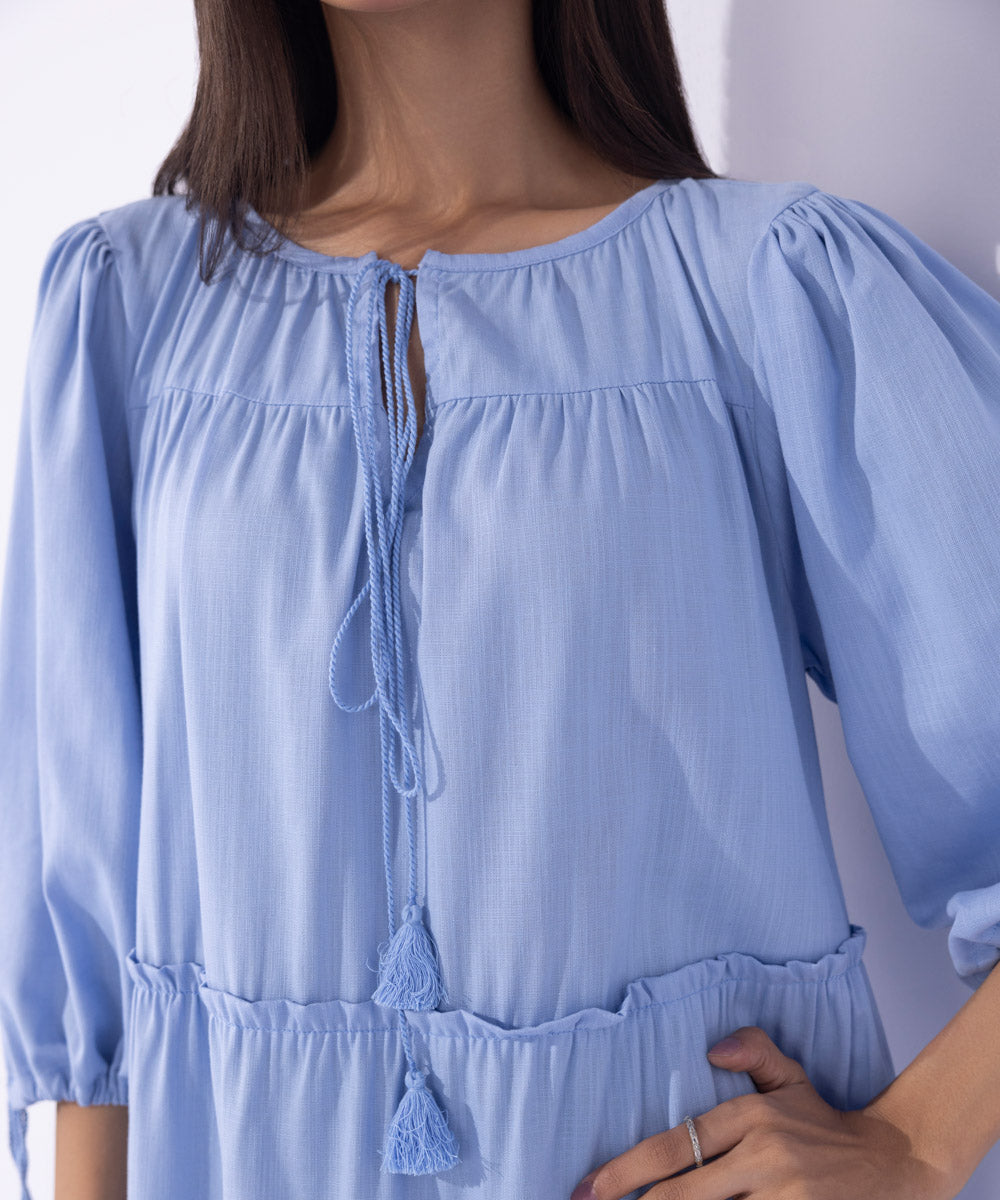 Women's Western Wear Blue Textured Tier Dress With Tassels