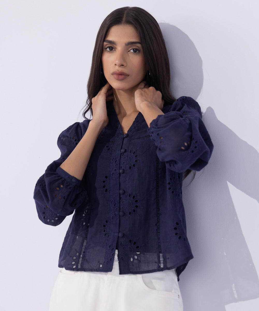 Women's Western Wear Blue Lace Insert Embroidered Shirt