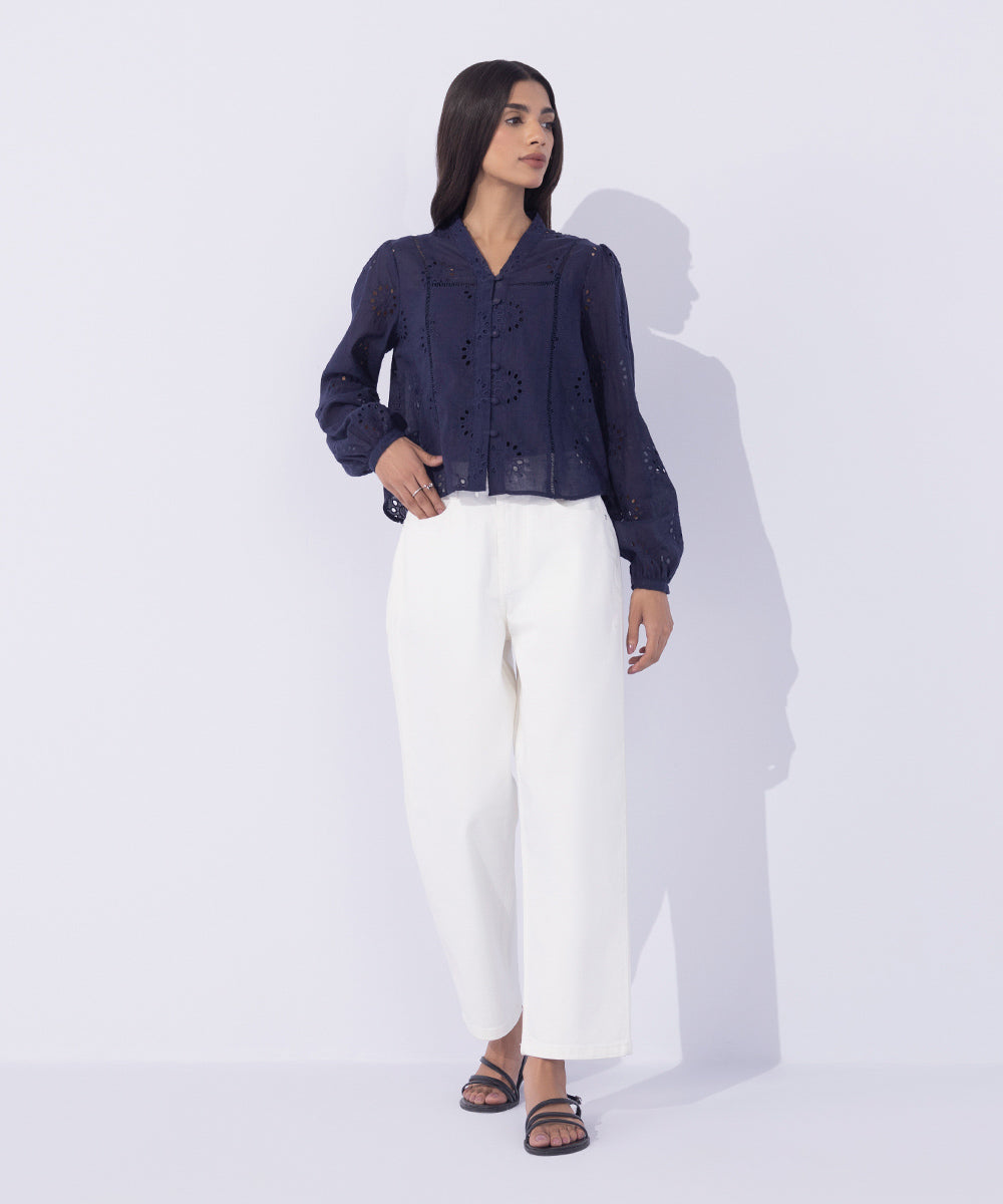 Women's Western Wear Blue Lace Insert Embroidered Shirt