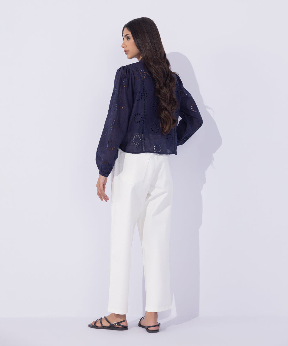 Women's Western Wear Blue Lace Insert Embroidered Shirt