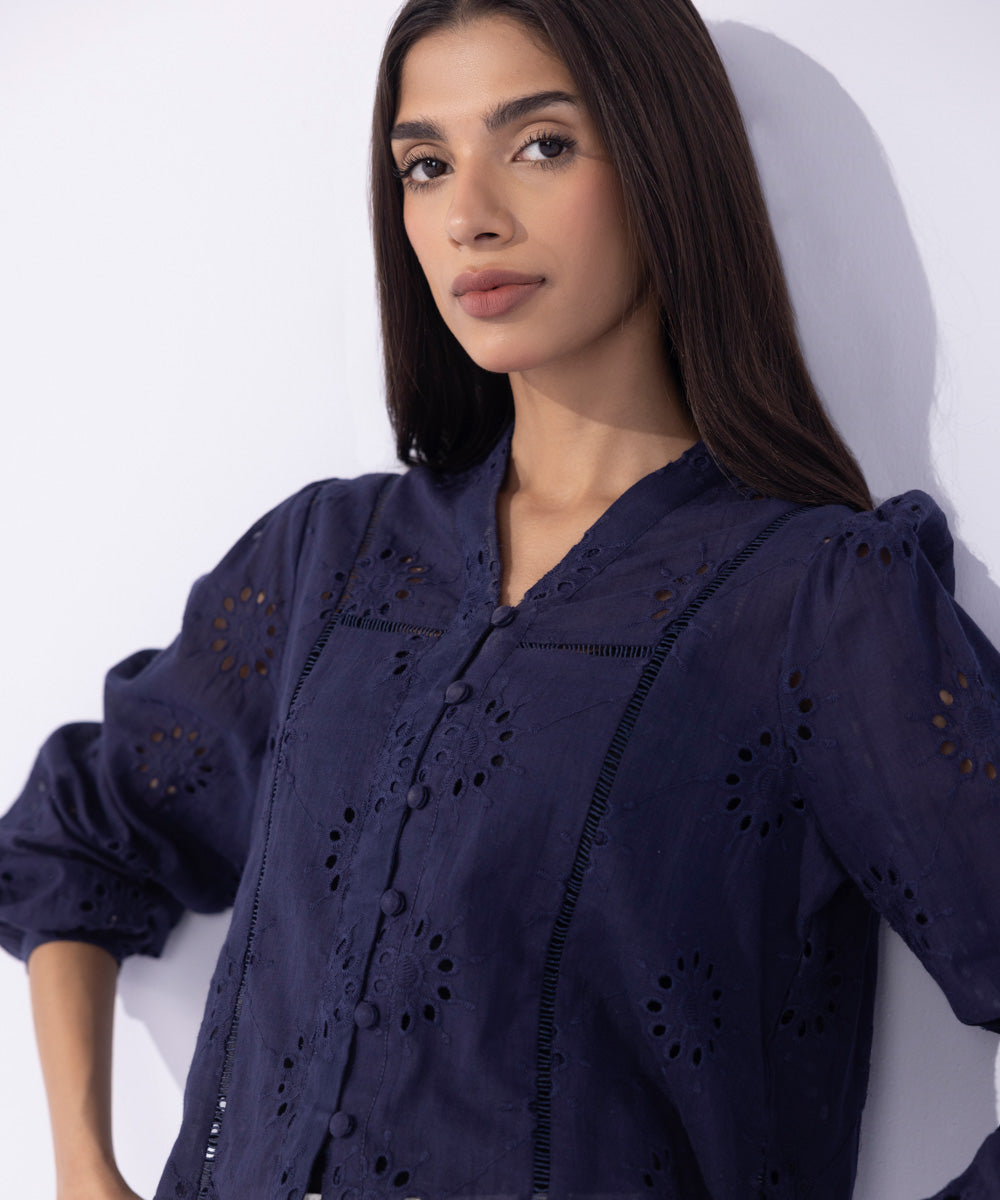 Women's Western Wear Blue Lace Insert Embroidered Shirt