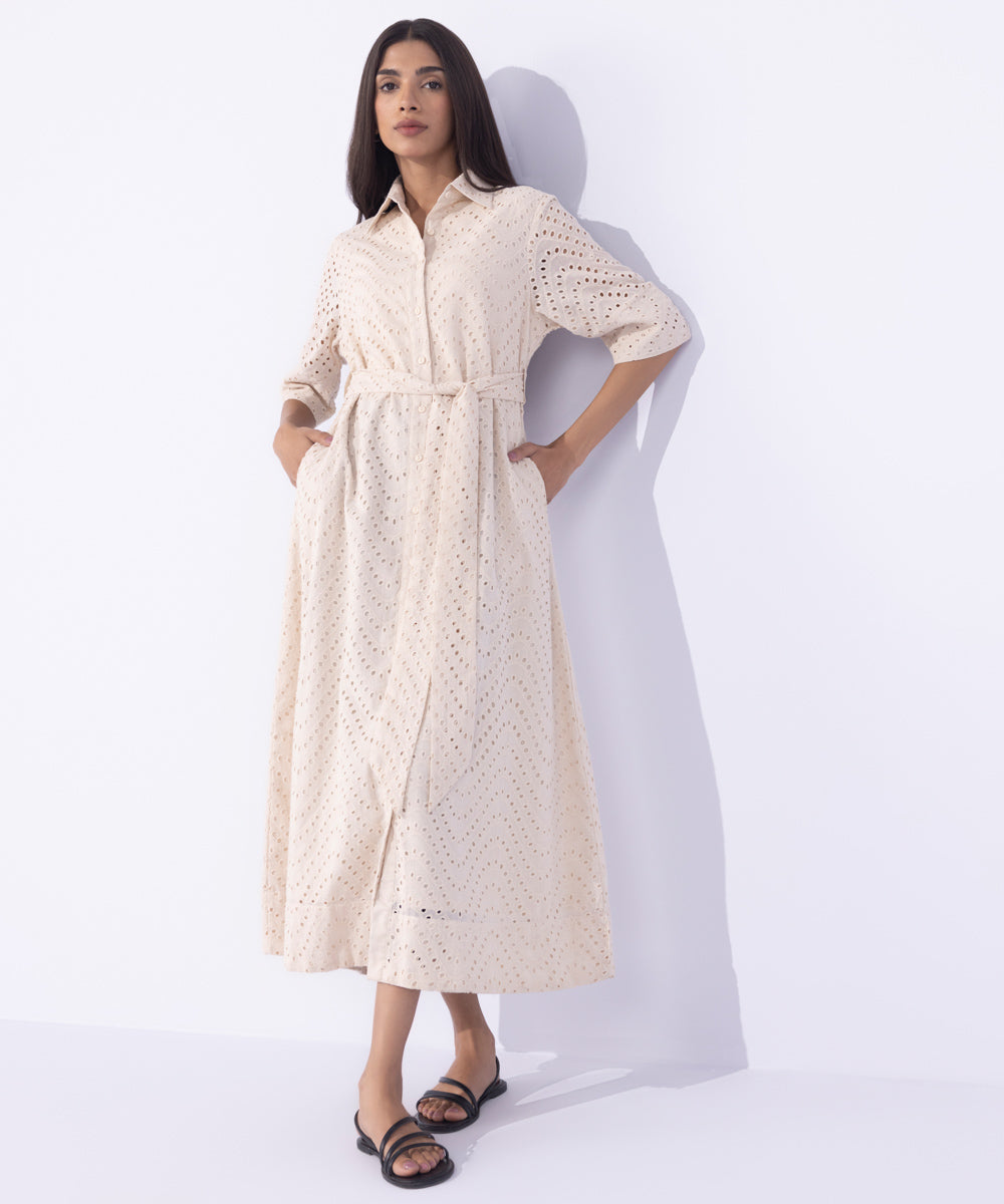 Women's Western Wear Beige Embroidered Dress With Belt