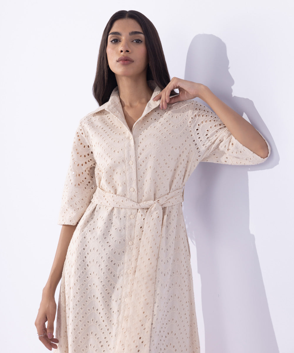 Women's Western Wear Beige Embroidered Dress With Belt