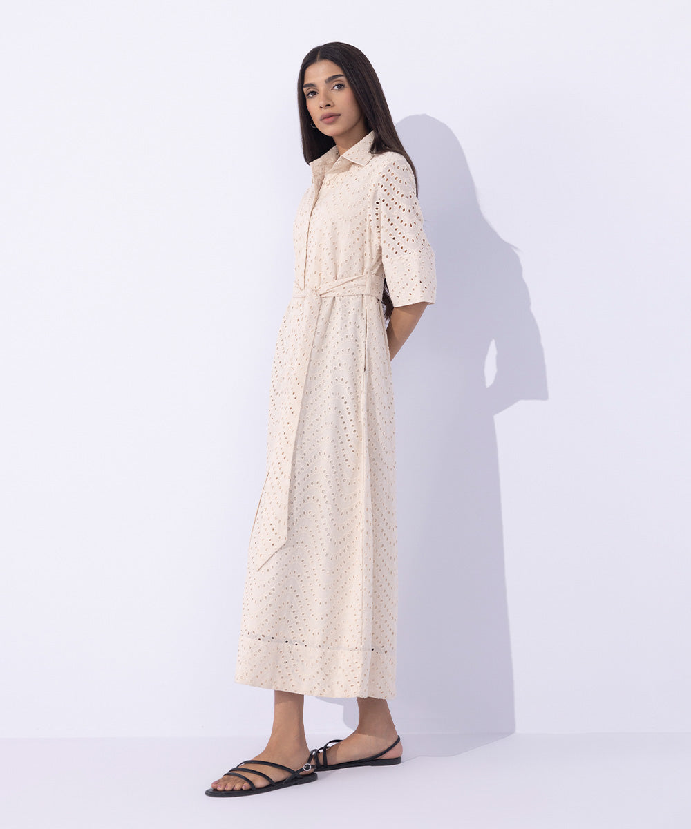 Women's Western Wear Beige Embroidered Dress With Belt