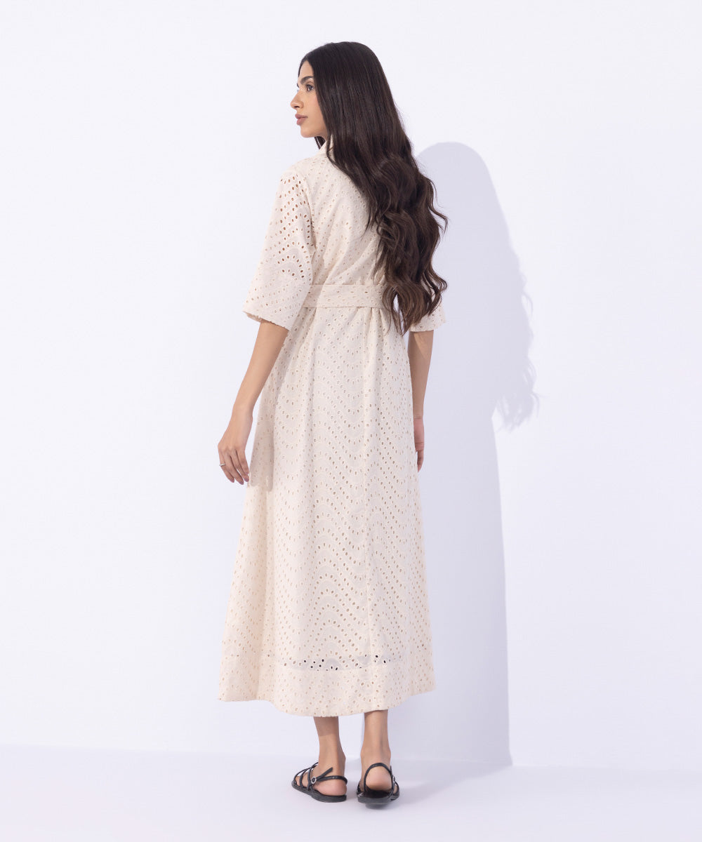 Women's Western Wear Beige Embroidered Dress With Belt