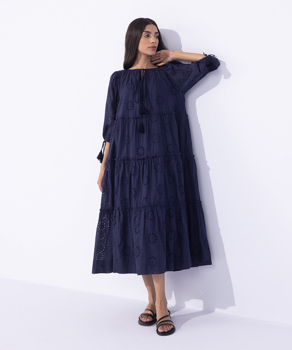 Women's Western Wear Blue Embroidered Tier Dress With Tassels