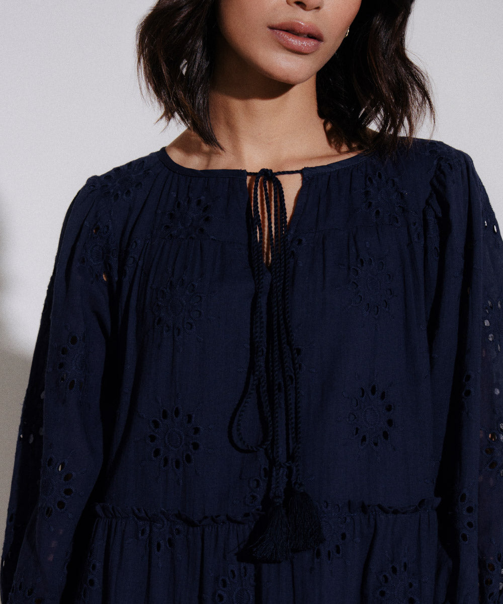 Women's Western Wear Blue Embroidered Tier Dress With Tassels