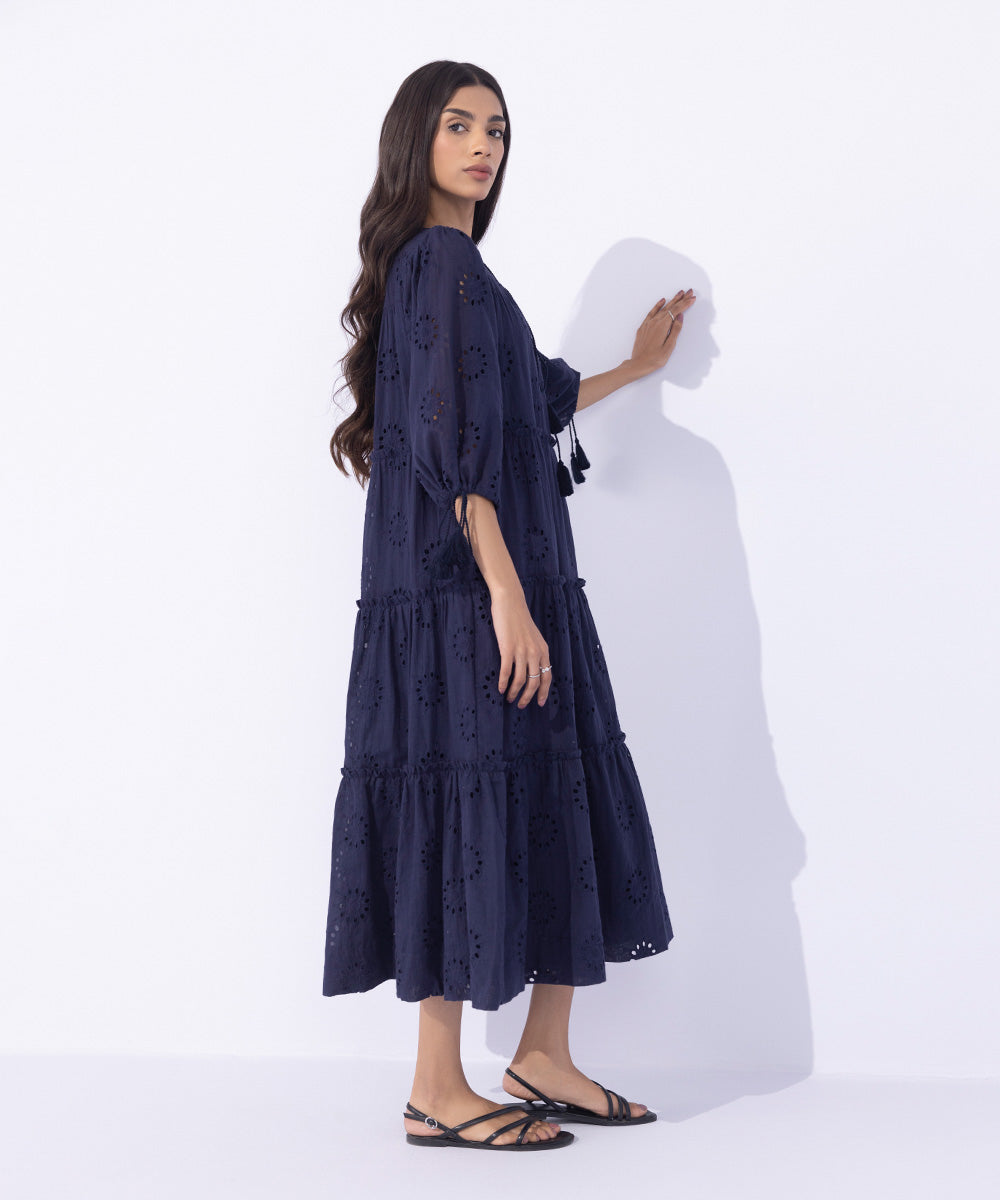 Women's Western Wear Blue Embroidered Tier Dress With Tassels