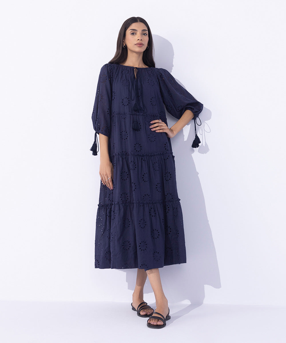 Women's Western Wear Blue Embroidered Tier Dress With Tassels