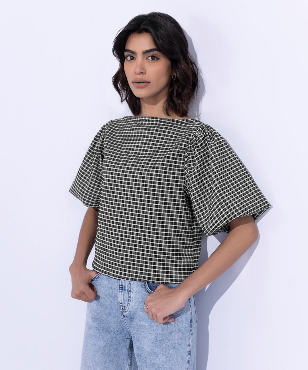Gingham Slash Neck Top
