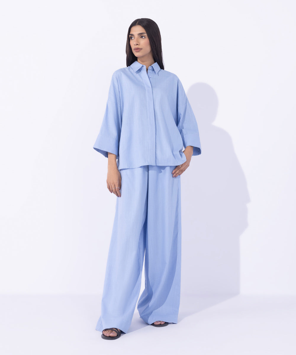 Women's Western Wear Blue Textured Button Through Shirt