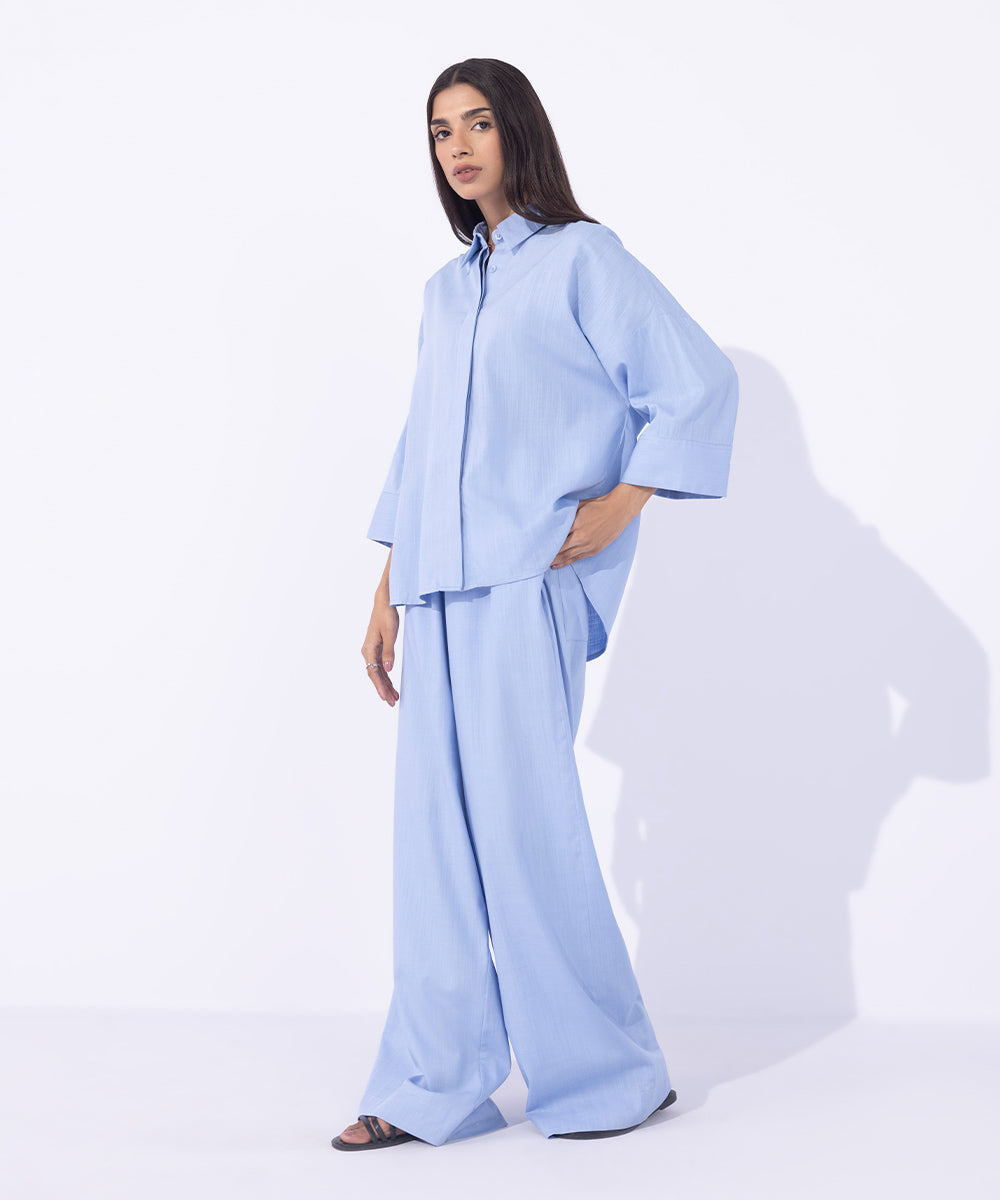 Women's Western Wear Blue Textured Button Through Shirt