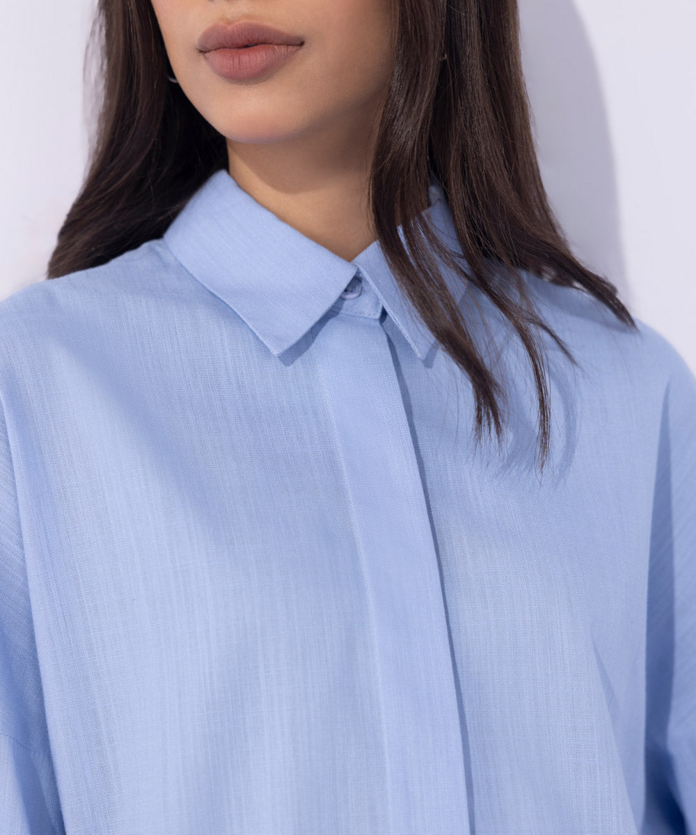 Women's Western Wear Blue Textured Button Through Shirt