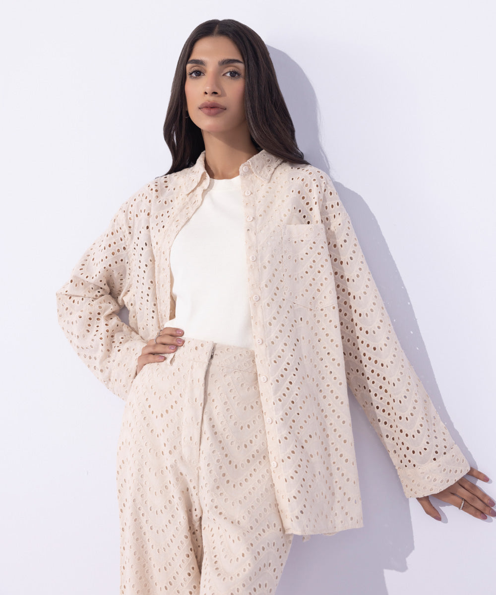 Women's Western Wear Beige Embroidered Loose-Fit Shirt 