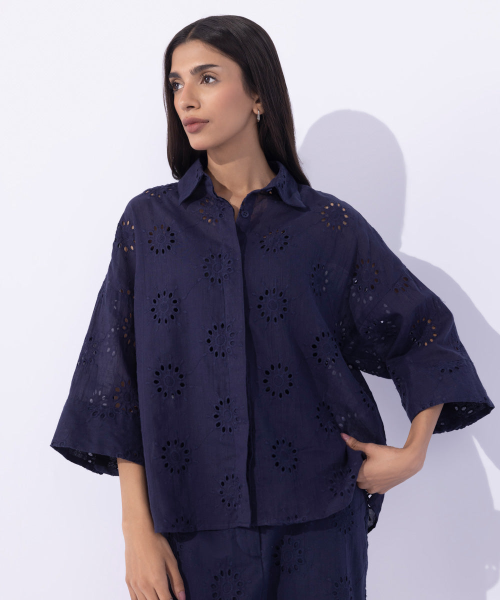 Women's Western Wear Blue Embroidered Button Through Shirt 