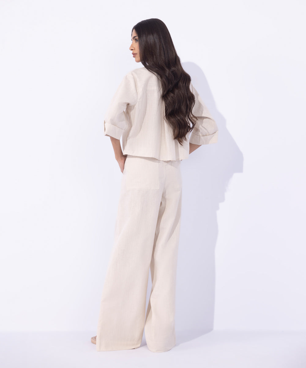 Women's Western Wear Beige  Cropped Linen Blend Shirt With Cargo Pockets