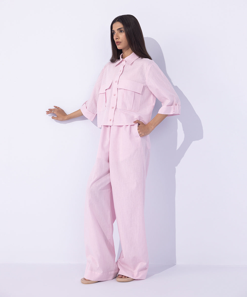 Women's Western Wear Pink  Cropped Shirt With Cargo Pockets