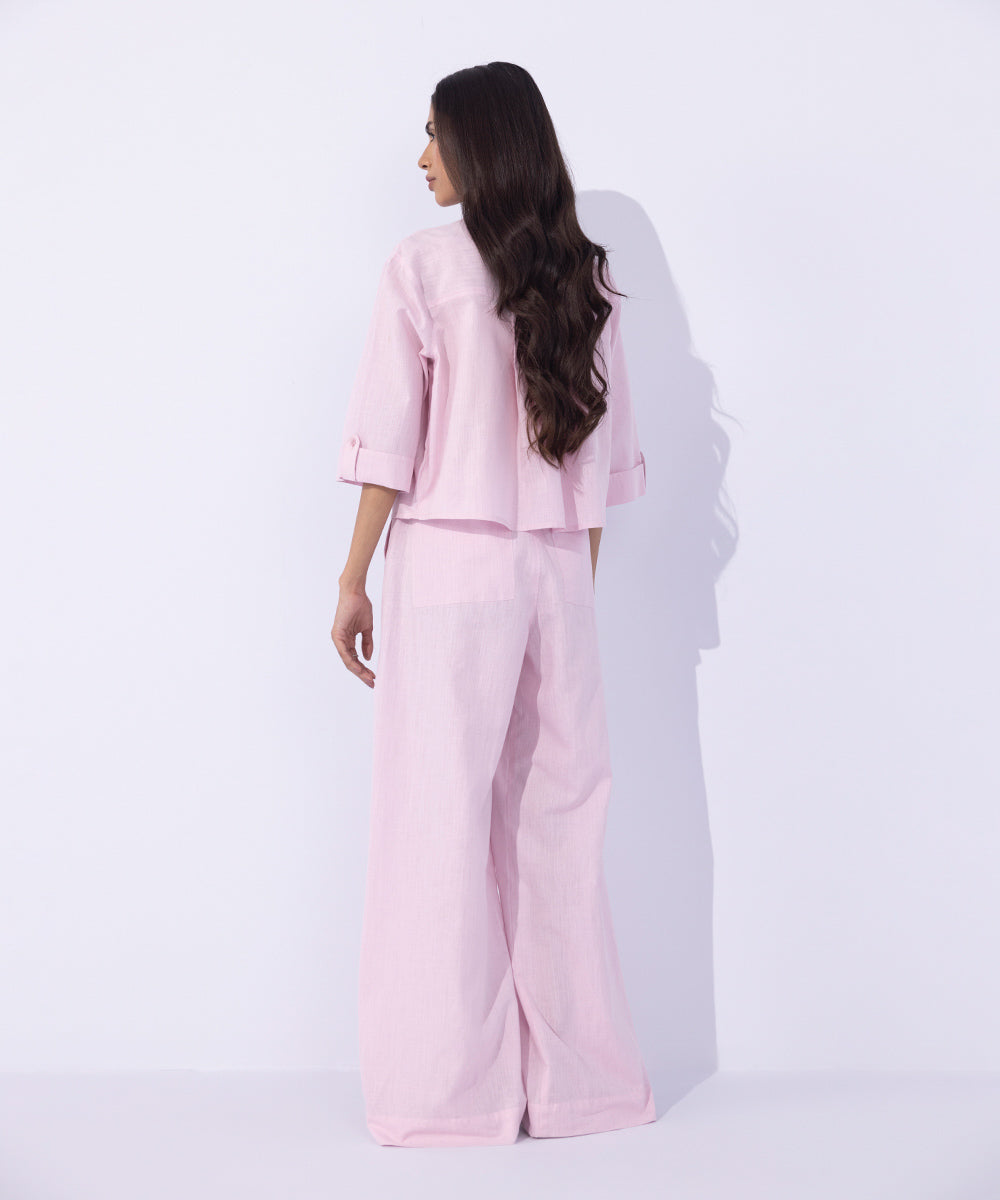 Women's Western Wear Pink  Cropped Shirt With Cargo Pockets