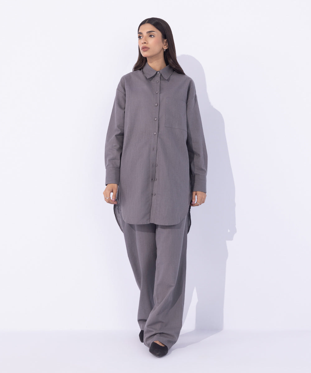 Women's Western Wear Grey Linen Blend Button Through Shirt