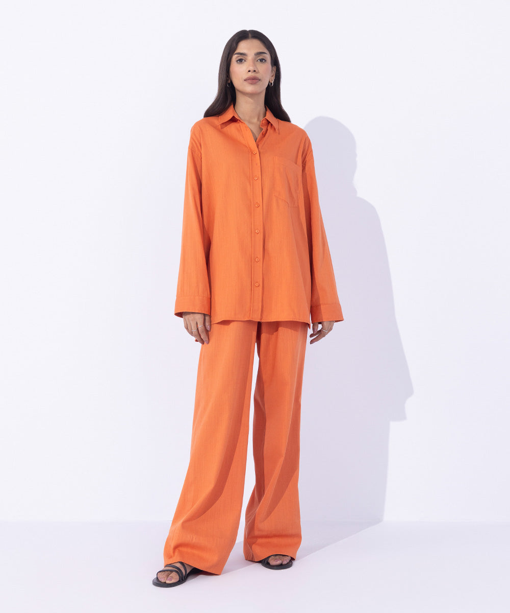 Women's Western Wear Orange Loose-Fit Button Through Shirt 