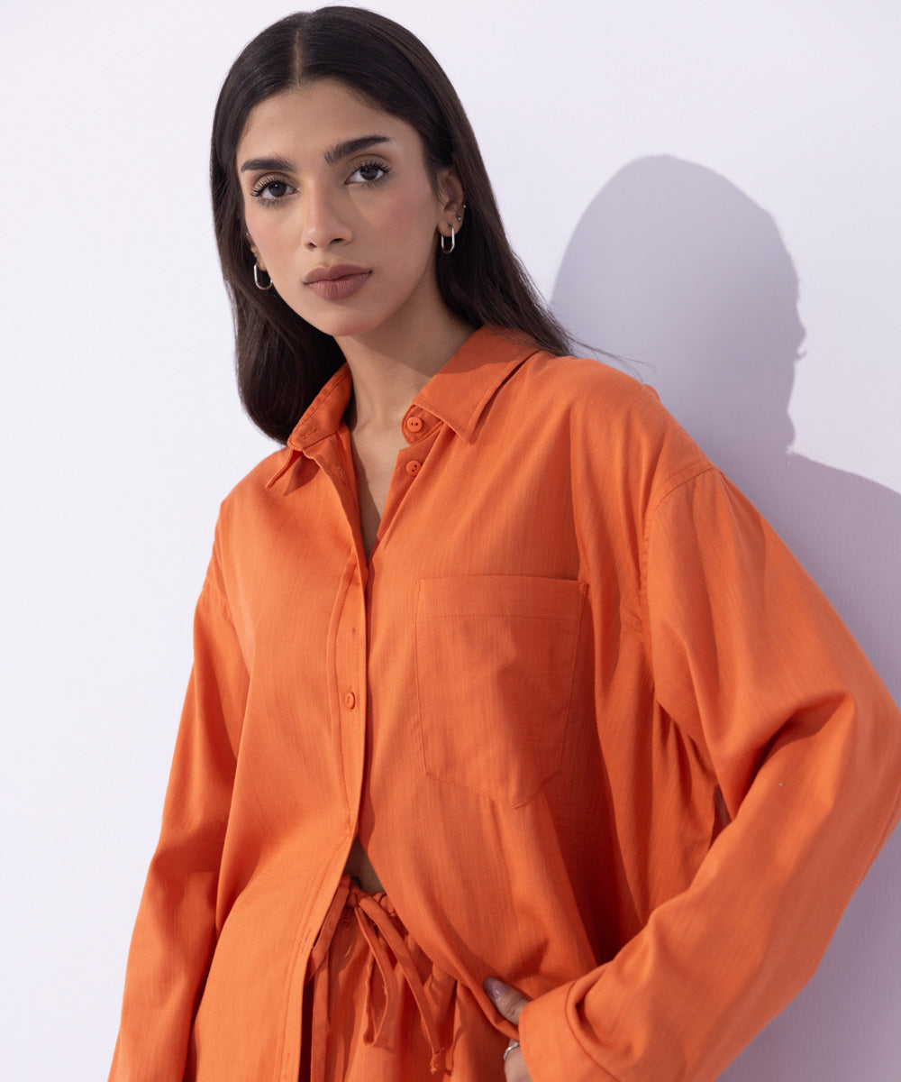 Women's Western Wear Orange Loose-Fit Button Through Shirt 