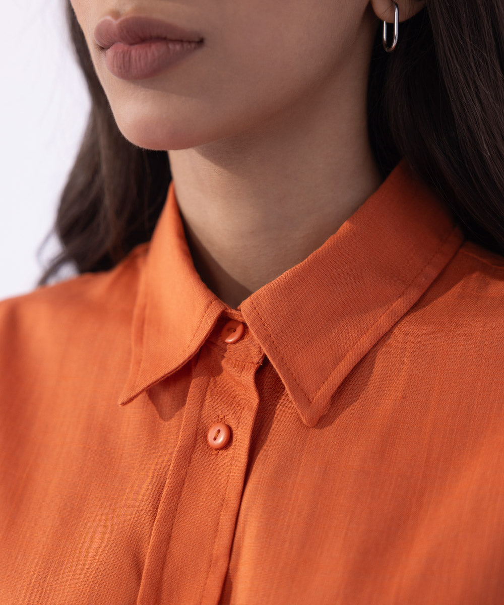 Women's Western Wear Orange Loose-Fit Button Through Shirt 