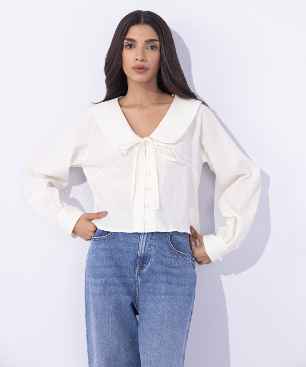 Women's Western Wear White Seer Sucker Cropped Top