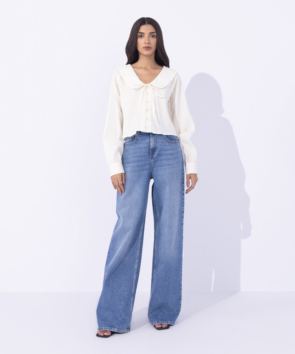 Women's Western Wear White Seer Sucker Cropped Top
