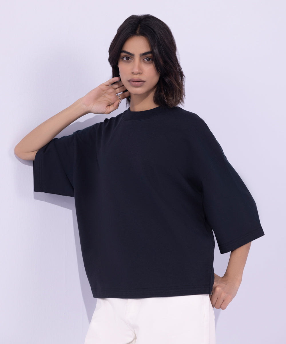 Women's Western Wear Black Loose Fit Jersey T-Shirt