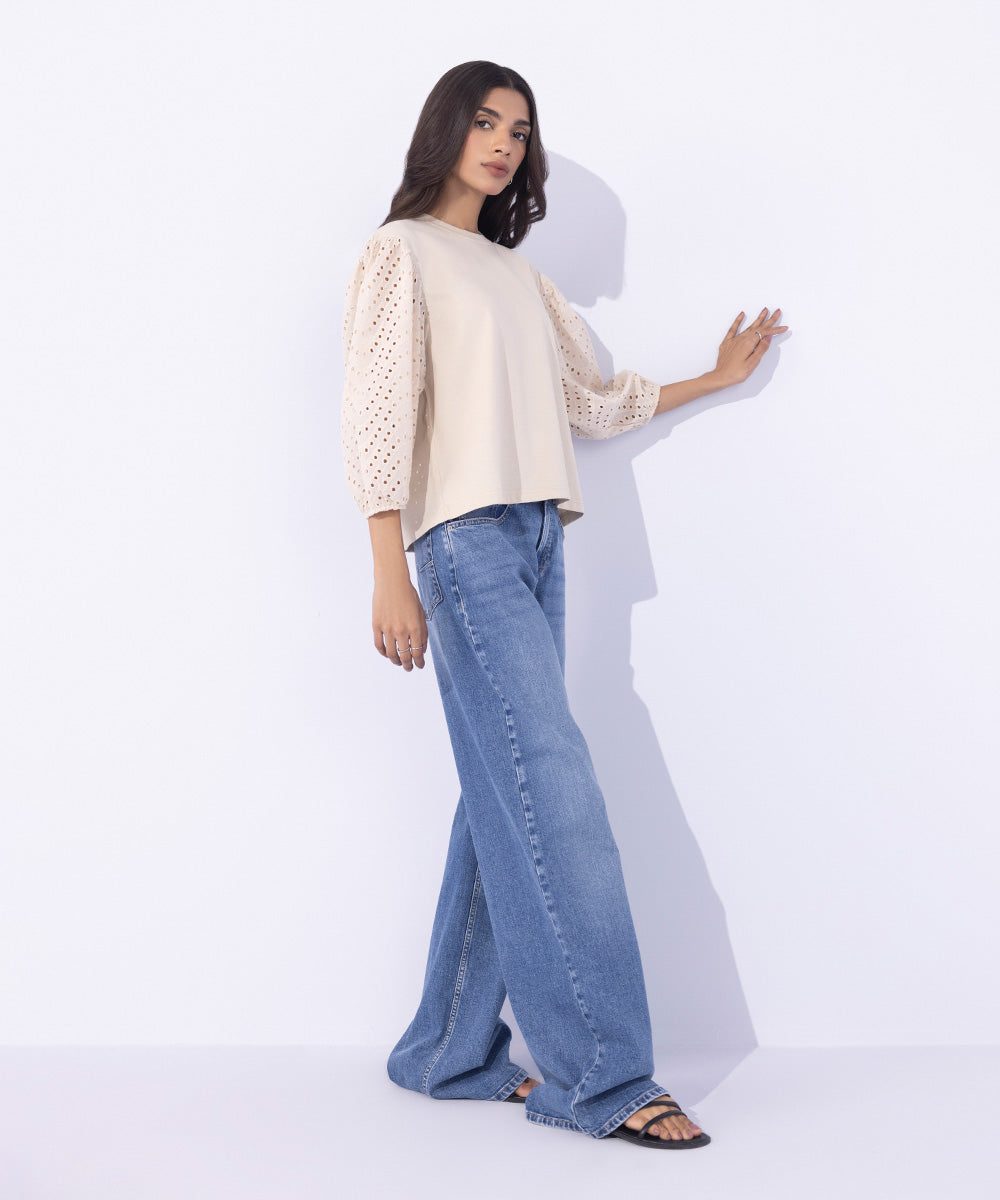 Women's Western Wear Beige T-Shirt With Woven Embroidered Sleeves