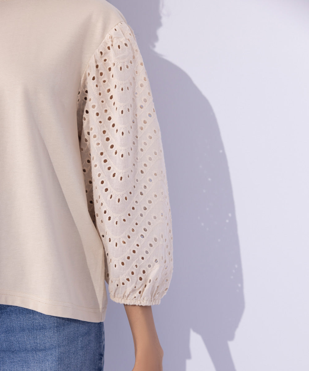 Women's Western Wear Beige T-Shirt With Woven Embroidered Sleeves