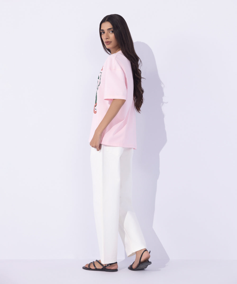 Women's Western Wear Pink Loose Fit Graphic T-Shirt