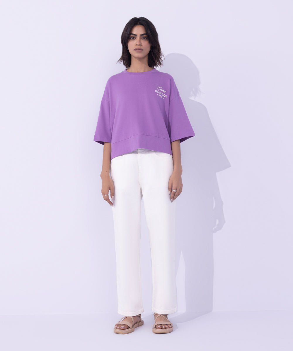 Women's Western Wear Purple Cropped T- Shirt With Graphic Print
