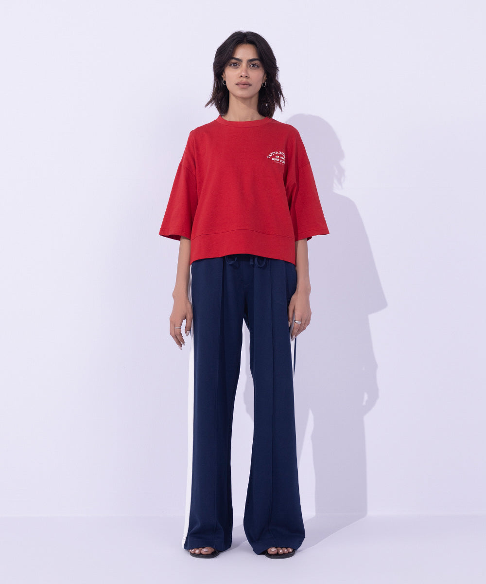Women's Western Wear Red Cropped T-Shirt With Graphic Print