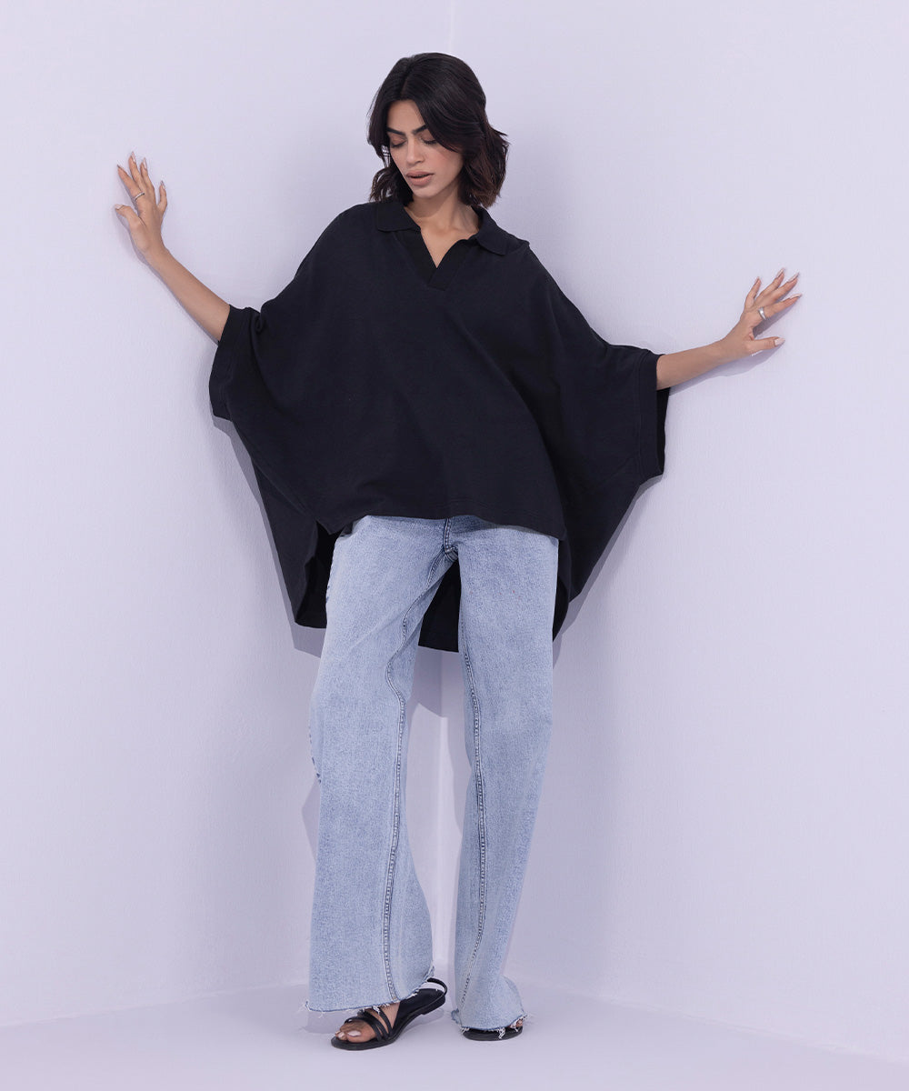 Women's Western Wear Black Oversized Polo T-Shirt With Ribbed Collar