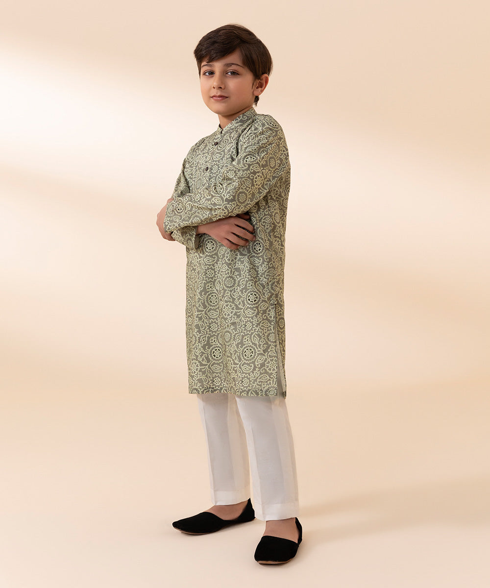 Boys Grey Printed Cambric Kurta