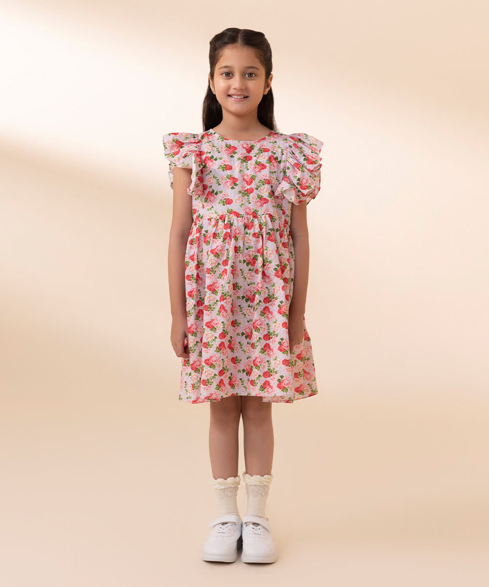 Girls Pink Printed Cambric Dress