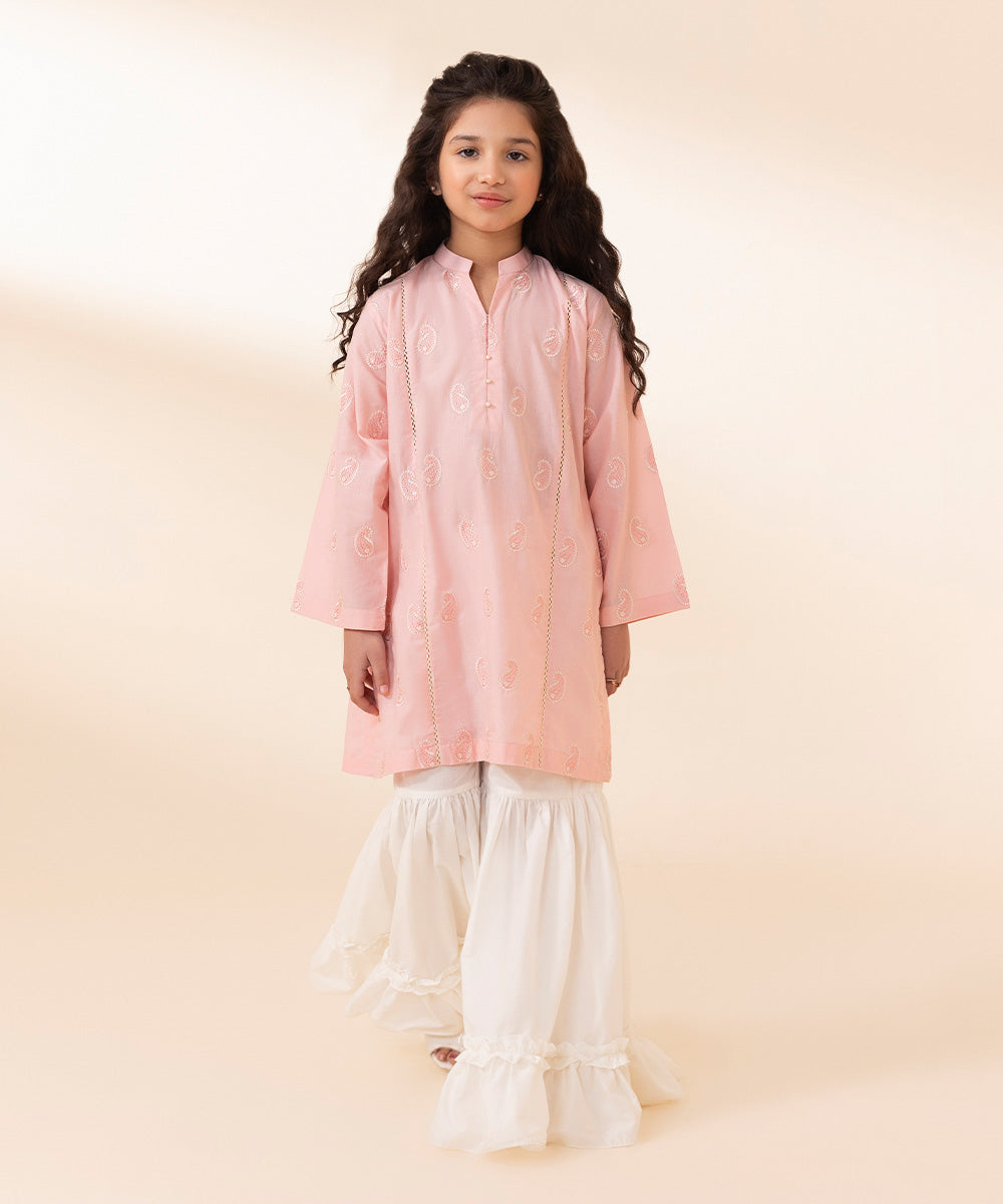 Girls Pink Embroidered Slub Lawn Kurta